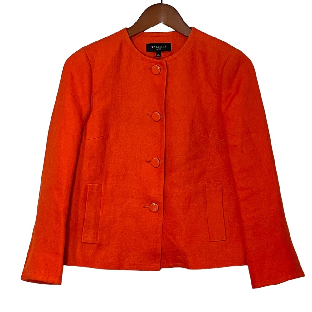 Talbots Womens 100% Linen Orange Button Front Blazer Size 4P Boxy Cut Pockets